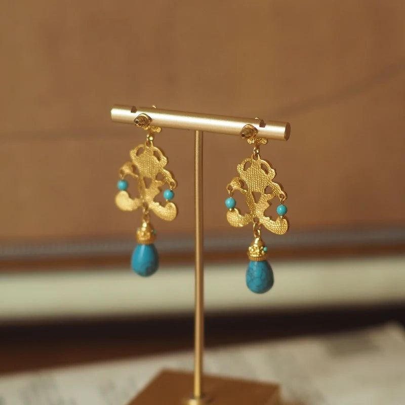 Vintage Palace Style Turquoise Earrings - Handcrafted Floral Carved Drop Earrings
